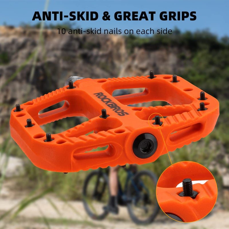 روكبروز دواسات الدراجة الجبلية Rock BROS من النايلون المركب بدواسات دراجة MTB مقاس 9/16 بوصة مع منصة مسطحة واسعة باللون البرتقالي - Image 4